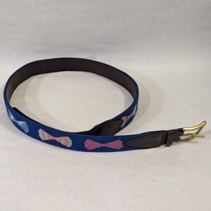 By Paige Mens Needlepoint Bow Tie Belt Blue Leather Brass Buckle Size 38 Preppy